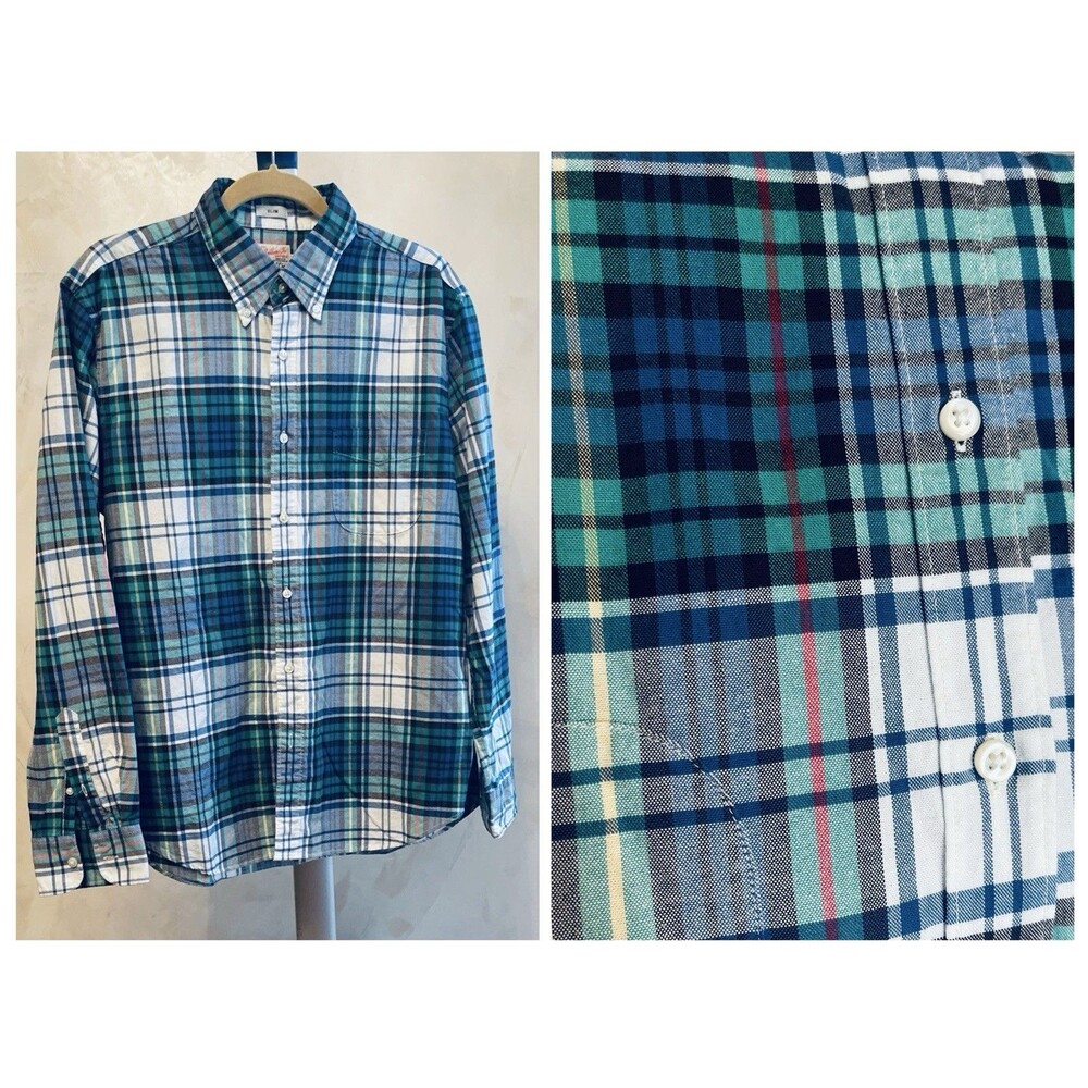 J.Crew Men’s Slim Fit Broken-In Oxford Shirt L Green Blue Plaid Cotton